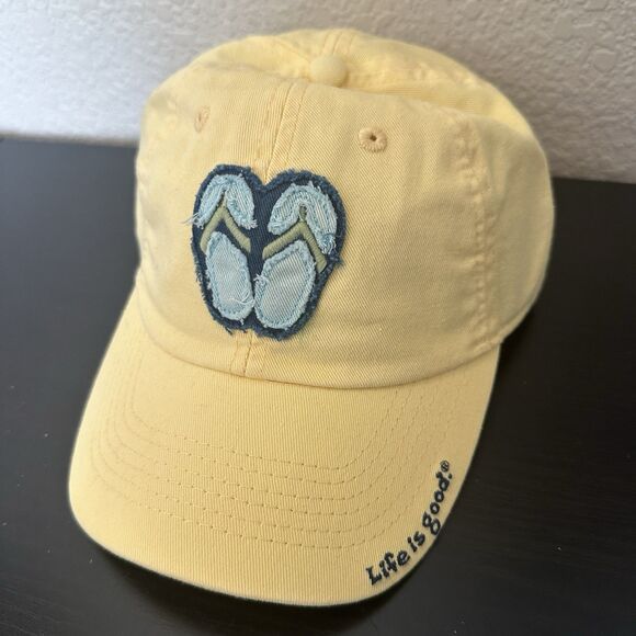 Life Is Good Yellow Flip Flop Sandals Hat Retro Outdoor Summer Beach USA - Picture 1 of 4